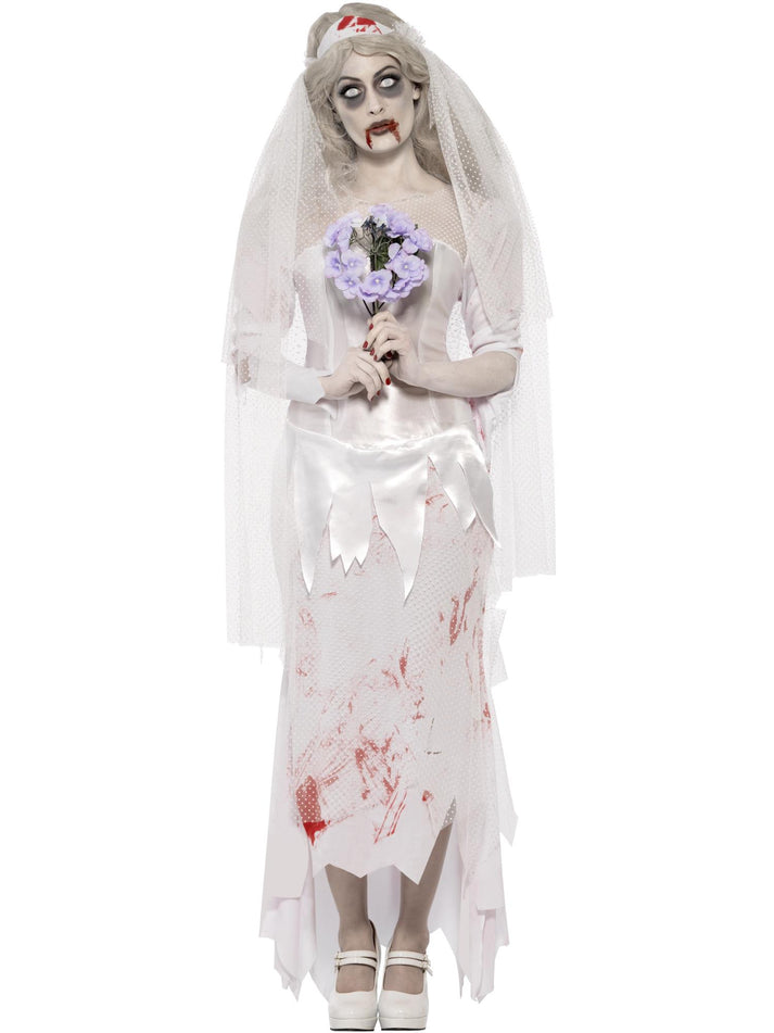 Till Death Do Us Part Zombie Bride Costume Adult White Dress Veil and Bouquet 1