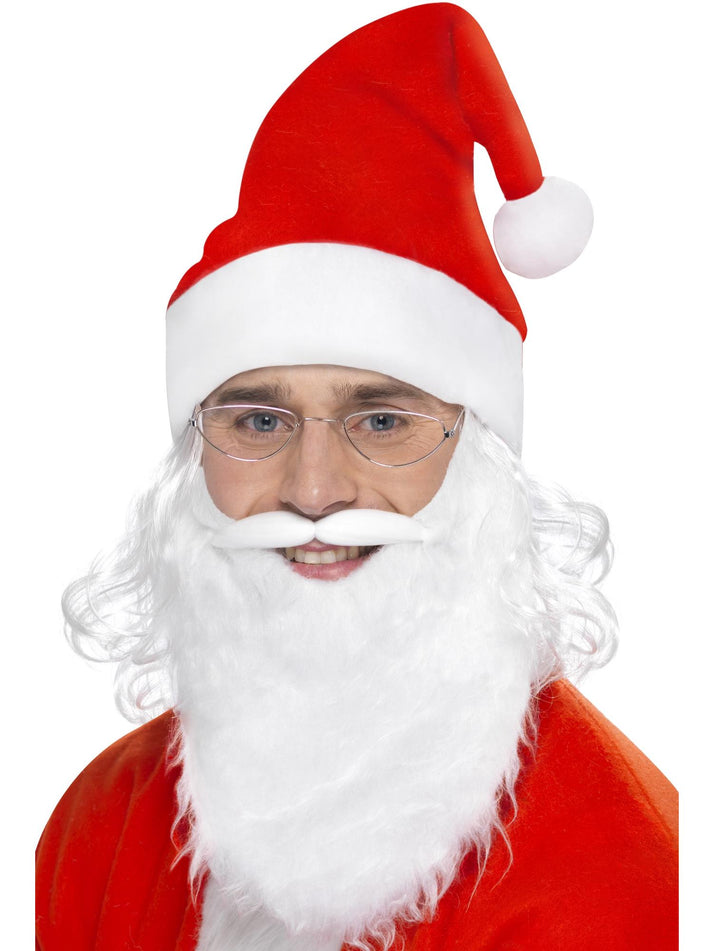 Santa Dress Up Kit White Beard Red and White Hat With Attached Wig Glasses With Silver Frames. 1