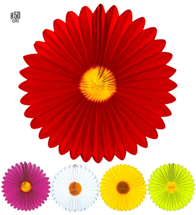 Daisy Paper Fan Ø 50 Cm - 5 Colors Ass.: 3 White, 3 Yellow, 2 Pink,2 Red, 2 Green