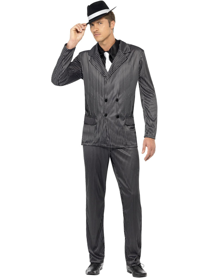 Gangster Costume Adult Black White Pinstripe Jacket and Trousers Shirt Front and Tie 4