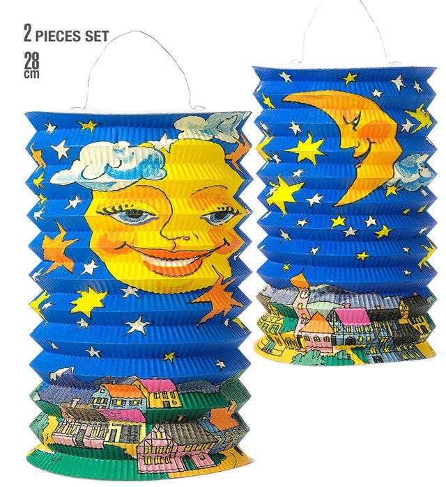 Set Of 2 Moon Paper Lanterns Saint Martin / Rificolona H 28 Cm - 2 Styles Ass.