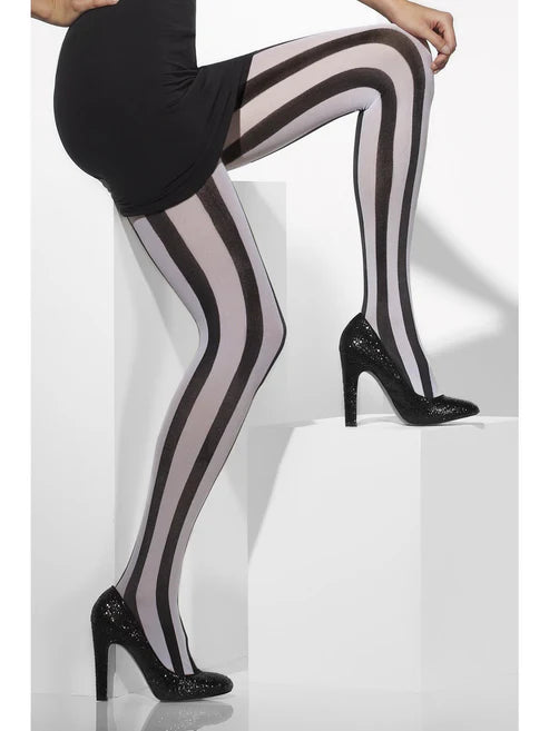 Opaque Tights Adult Black White Vertical Striped Costume Accessory