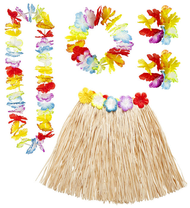 Hawaiian Set  Hula Skirt With Flower Belt, Flower Lei, Crown, 2 Bracelets 