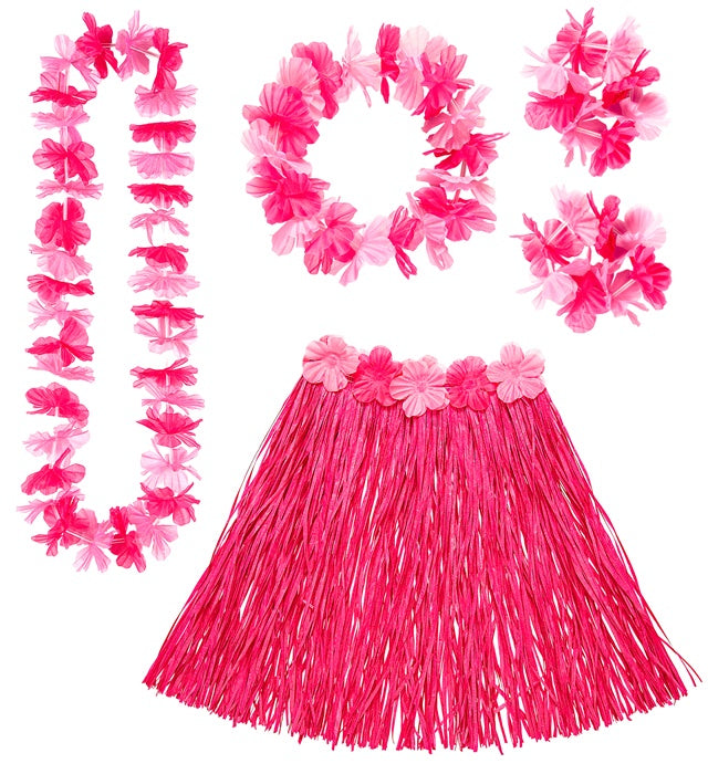 Pink Hawaiian Set  Hula Skirt With Flower Belt, Flower Lei, Crown, 2 Bracelets 