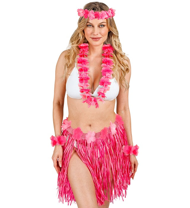 Pink Hawaiian Set  Hula Skirt With Flower Belt, Flower Lei, Crown, 2 Bracelets 