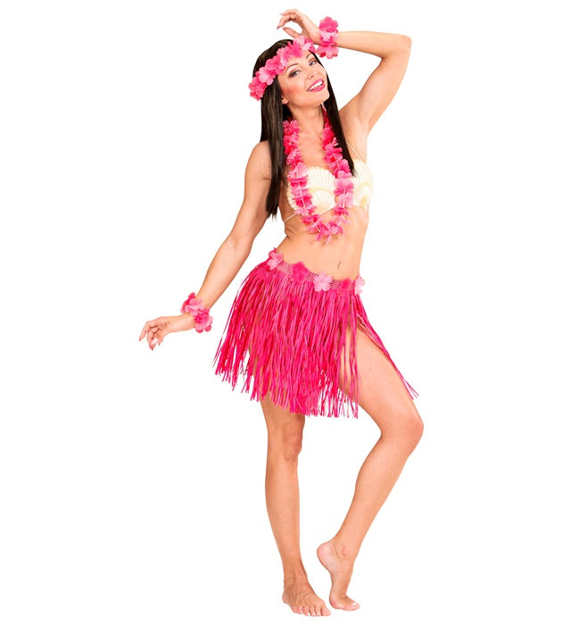Pink Hawaiian Set  Hula Skirt With Flower Belt, Flower Lei, Crown, 2 Bracelets 