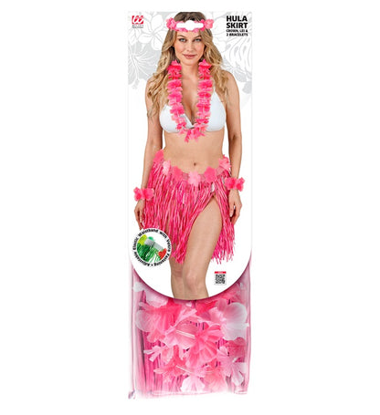 Pink Hawaiian Set  Hula Skirt With Flower Belt, Flower Lei, Crown, 2 Bracelets 