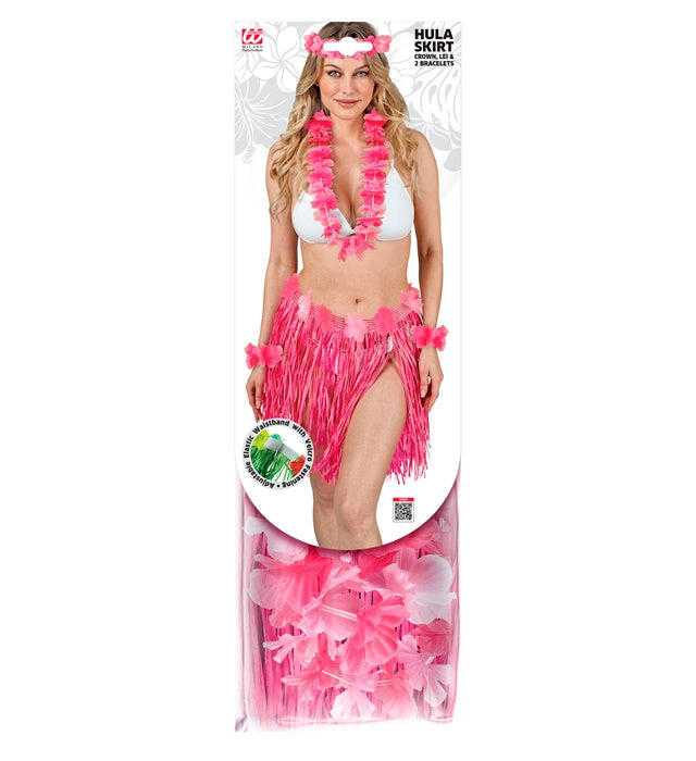 Pink Hawaiian Set  Hula Skirt With Flower Belt, Flower Lei, Crown, 2 Bracelets 