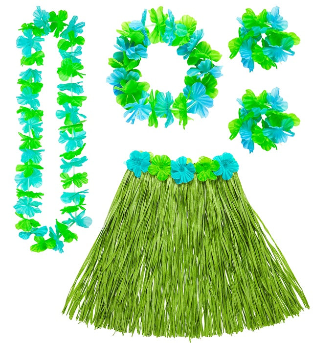 Green Hawaiian Set  Hula Skirt With Flower Belt, Flower Lei, Crown, 2 Bracelets 