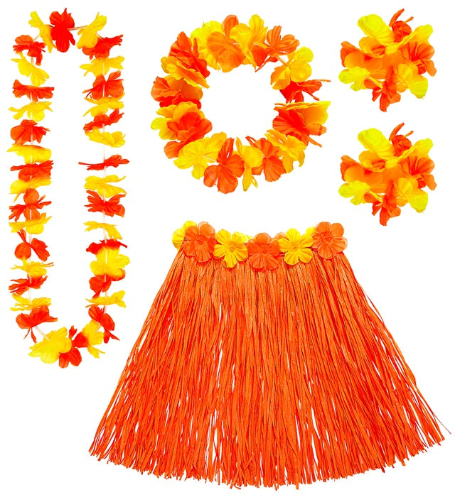 Orange Hawaiian Set  Hula Skirtwith Flower Belt, Flower Lei, Crown, 2 Bracelets 