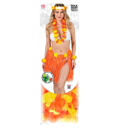Orange Hawaiian Set  Hula Skirtwith Flower Belt, Flower Lei, Crown, 2 Bracelets 