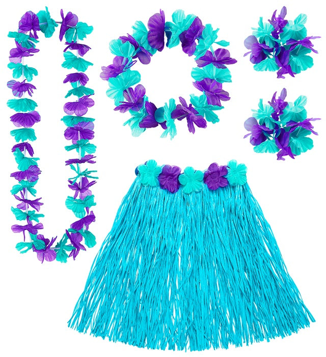 Blue Hawaiian Set  Hula Skirt With Flower Belt, Flower Lei, Crown, 2 Bracelets 