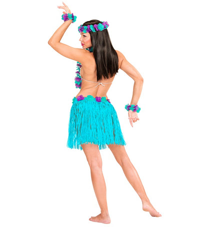 Blue Hawaiian Set  Hula Skirt With Flower Belt, Flower Lei, Crown, 2 Bracelets 