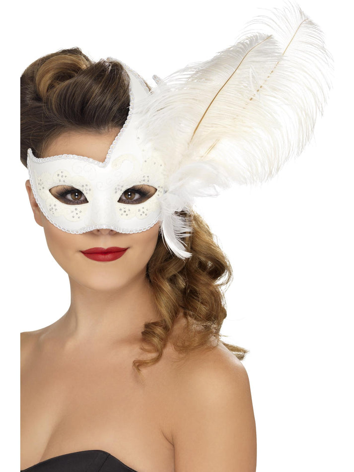 Ornate Columbina Eyemask White with Feather Adult Costume Accessory 1