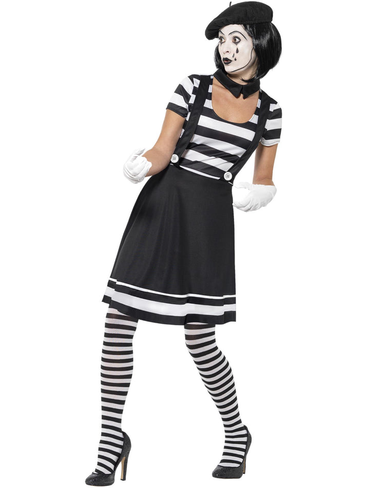 Lady Mime Artist Costume Adult Black and White Dress Collar Beret Gloves Tights Make Up