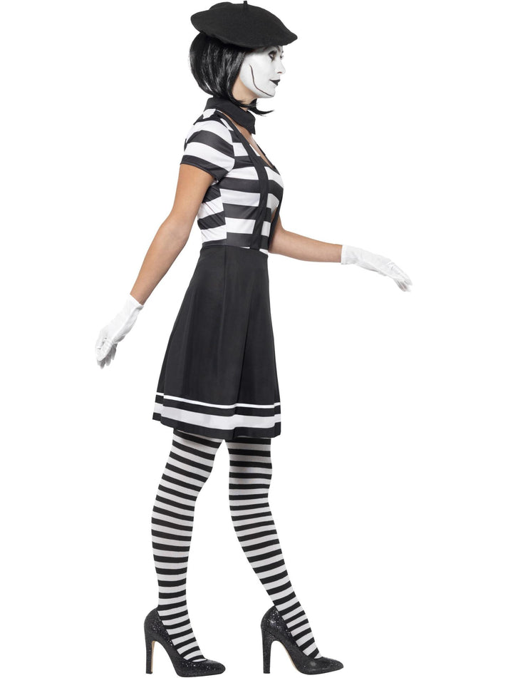 Lady Mime Artist Costume Adult Black and White Dress Collar Beret Gloves Tights Make Up