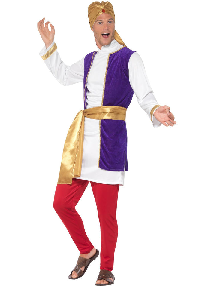 Arabian Prince Costume Adult White Top Purple Waistcoat Red Trousers Gold Belt Turban