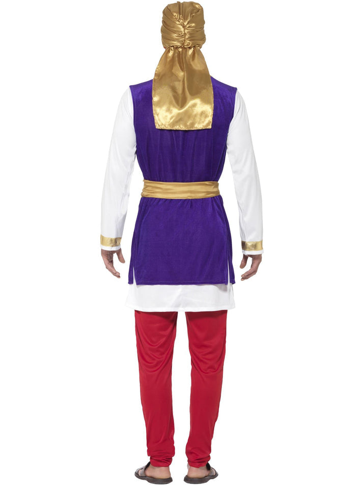 Arabian Prince Costume Adult White Top Purple Waistcoat Red Trousers Gold Belt Turban