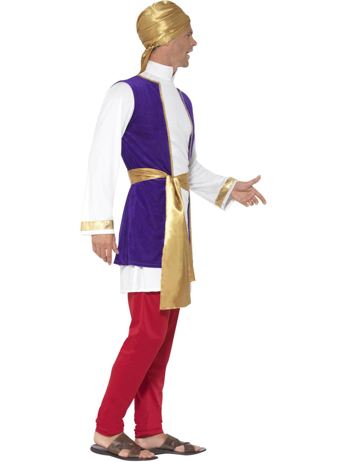 Arabian Prince Costume Adult White Top Purple Waistcoat Red Trousers Gold Belt Turban