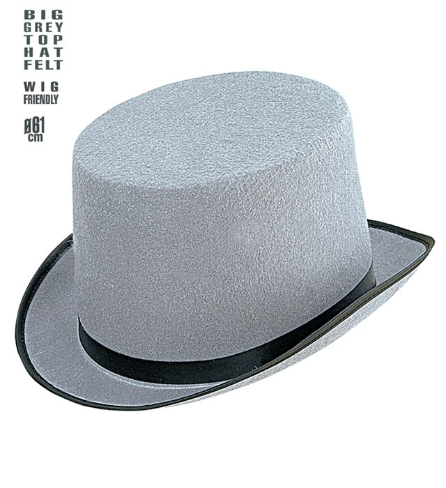 Big Grey Top Hat Felt 12 Cm - Wig Friendly - Size 61 Cm