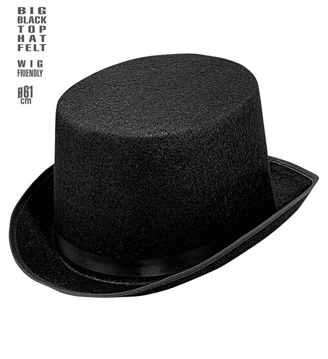 Big Black Top Hat Felt 12 Cm - Wig Friendly - Size 61 Cm