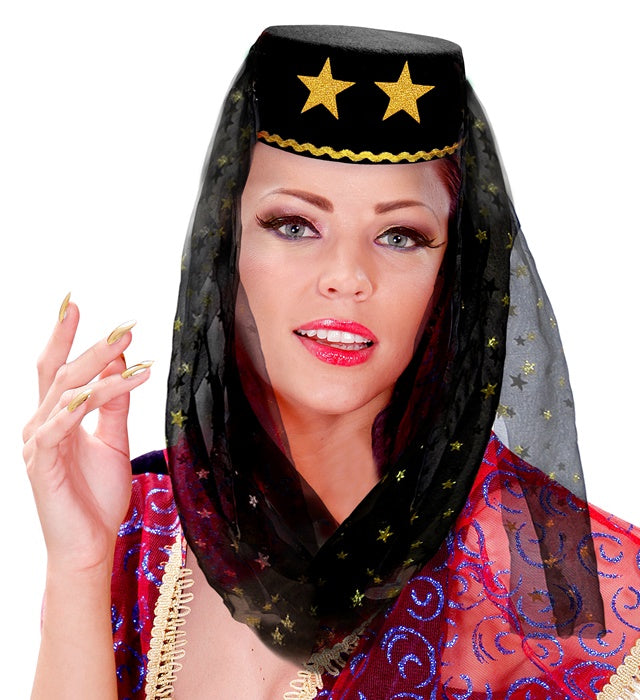 Harem Hat With Veil Felt - Black Color