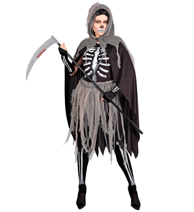 Grim Reaper  Bones Dress, Tights & Gloves, Hooded Cape, Chains  