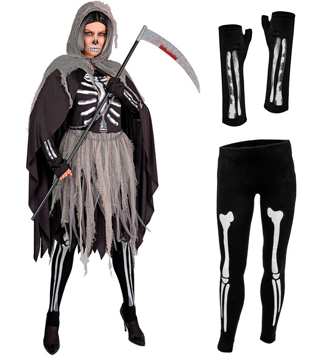 Grim Reaper  Bones Dress, Tights & Gloves, Hooded Cape, Chains  