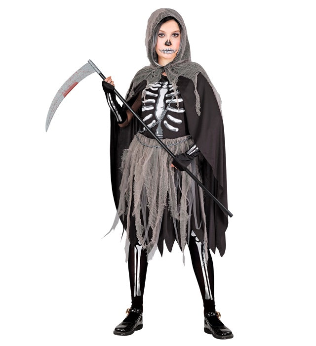 Grim Reaper  Bones Dress, Tights & Gloves, Hooded Cape, Chains  