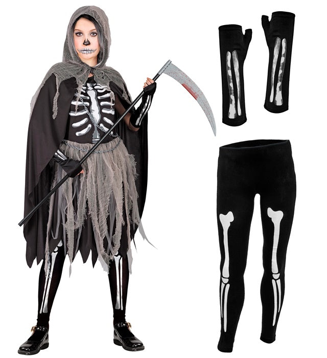 Grim Reaper  Bones Dress, Tights & Gloves, Hooded Cape, Chains  
