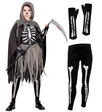 Grim Reaper  Bones Dress, Tights & Gloves, Hooded Cape, Chains  
