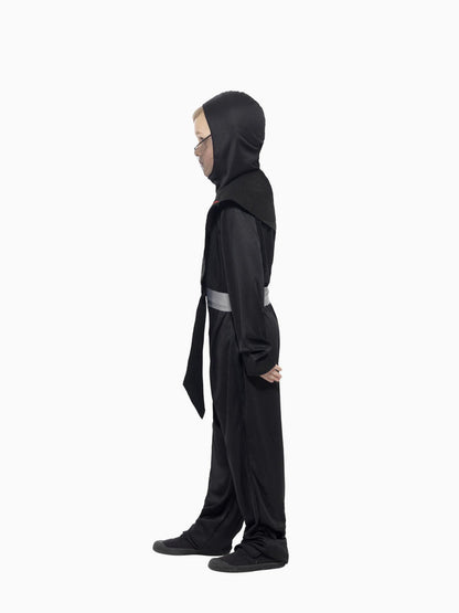 Ninja Costume Kids Black Red Jumpsuit with Hood Overpiece Belt and Bands 4