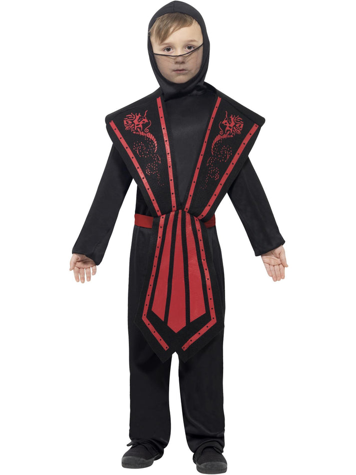 Ninja Costume Kids Black Red Jumpsuit with Hood Overpiece Belt and Bands 1