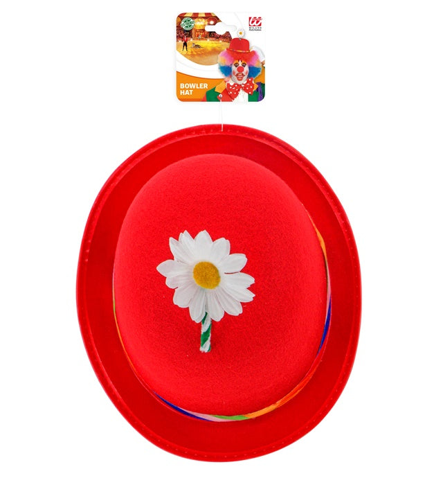 Red Bowler Hat With Flower Felt