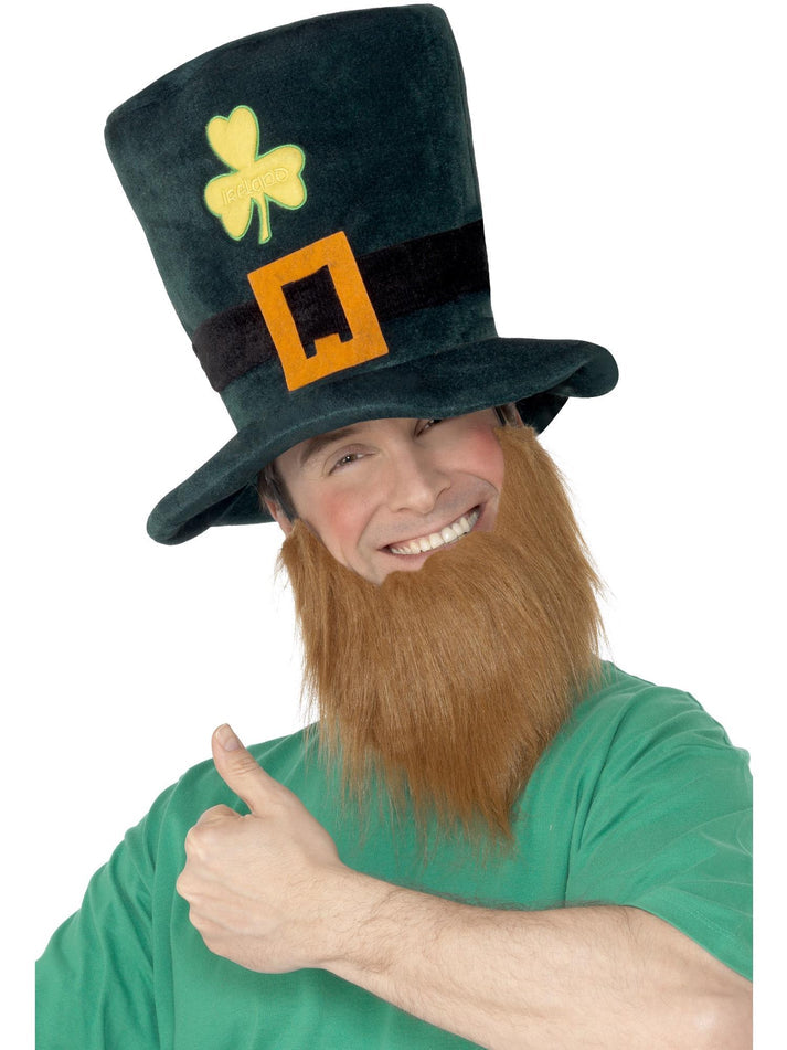 Leprechaun Hat Green with Shamrock Buckle and Attached Ginger Beard Costume Accessory 2