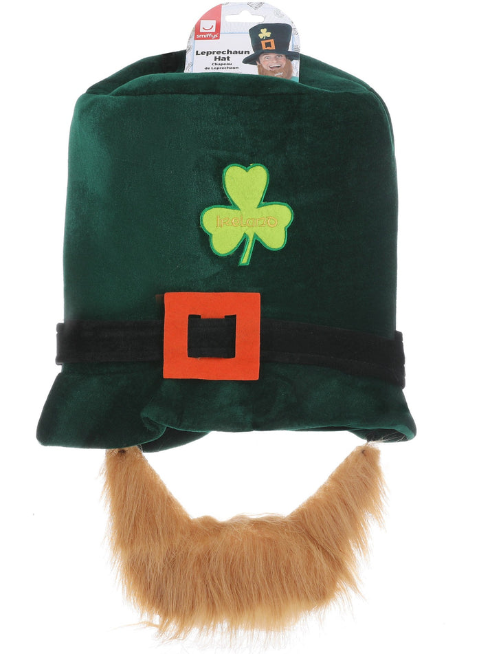 Leprechaun Hat Green with Shamrock Buckle and Attached Ginger Beard