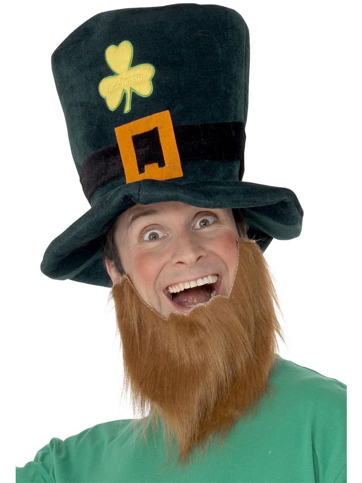 Leprechaun Hat Green with Shamrock Buckle and Attached Ginger Beard Costume Accessory 1