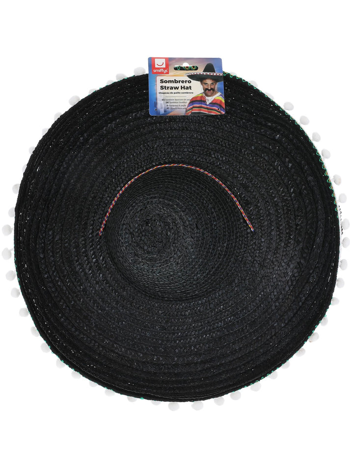 Sombrero Straw Hat Black with Bobbles and Neck Cord Adult Costume Accessory 2