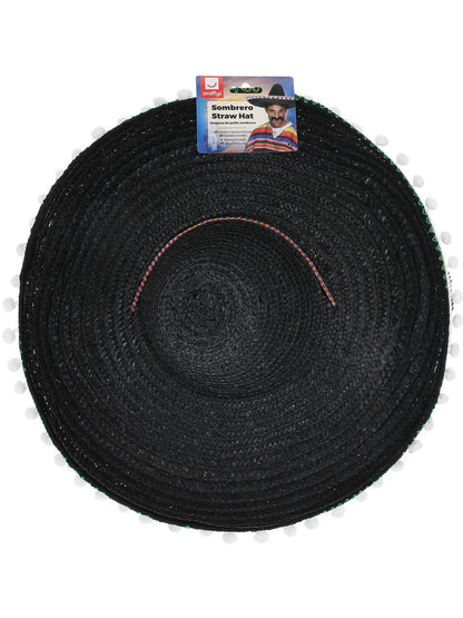 Sombrero Straw Hat Black with Bobbles and Neck Cord Adult Costume Accessory 2
