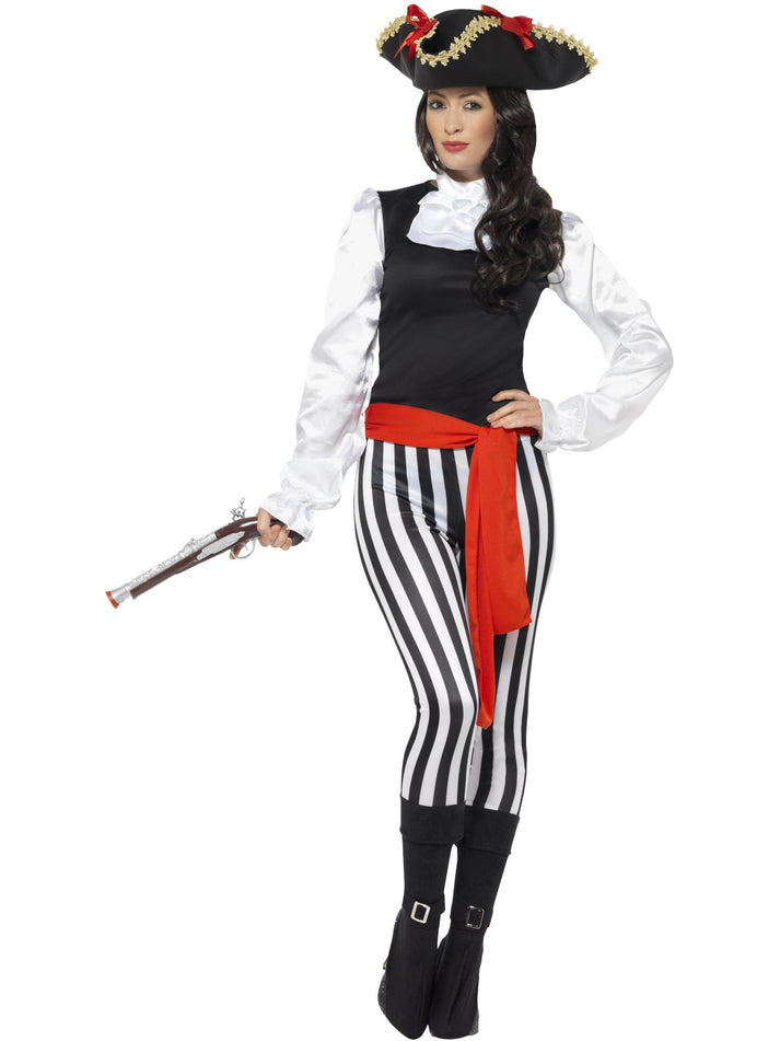 Pirate Lady Adult Costume Top, Trousers Attached Boot Covers Neck Ruffle And Sash.