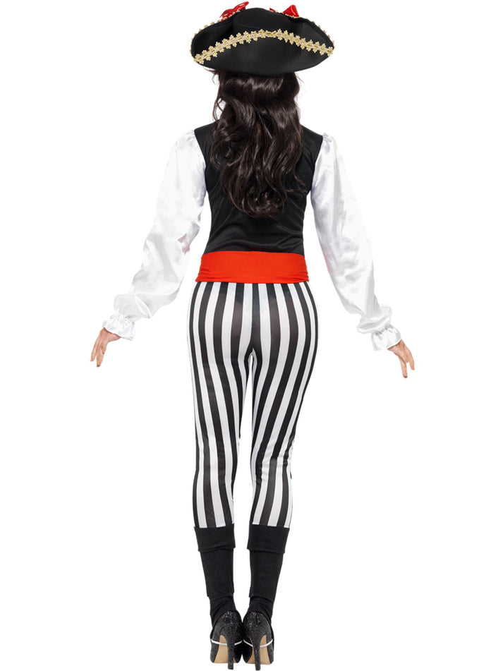 Pirate Lady Adult Costume Top, Trousers Attached Boot Covers Neck Ruffle And Sash.