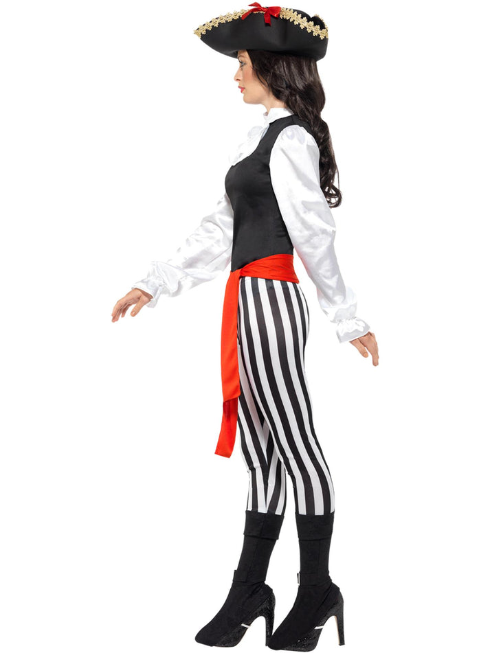 Pirate Lady Adult Costume Top, Trousers Attached Boot Covers Neck Ruffle And Sash.