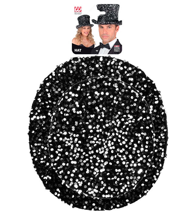 Black/Silver Sequin Top Hat 18 Cm