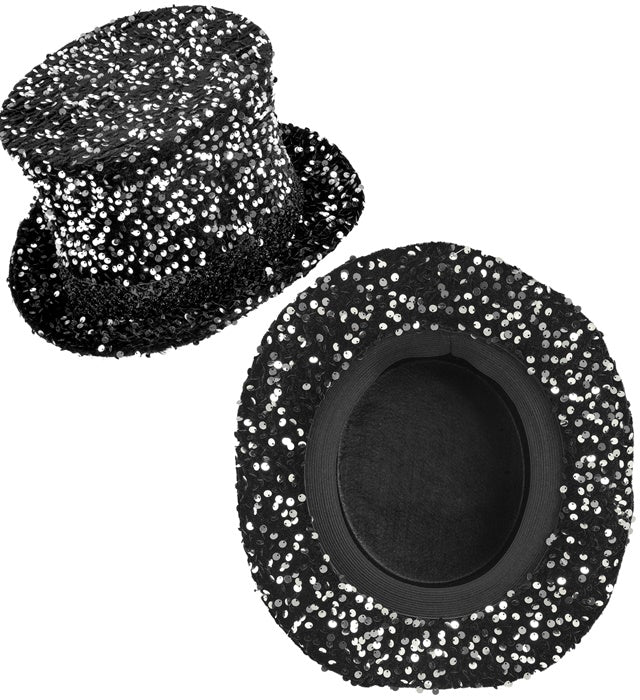 Black/Silver Sequin Top Hat 18 Cm