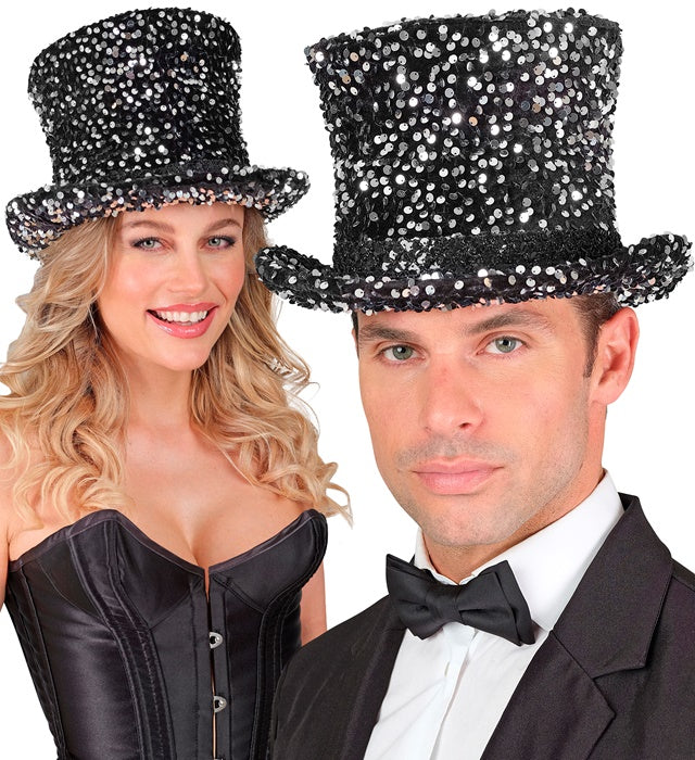 Black/Silver Sequin Top Hat 18 Cm
