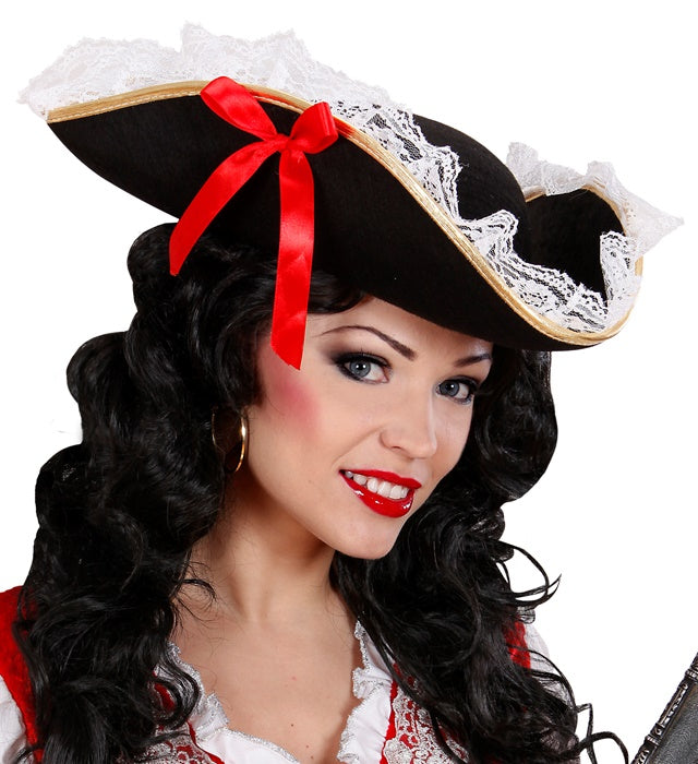 Tricorn With Lace Trim And Red Bow Felt
