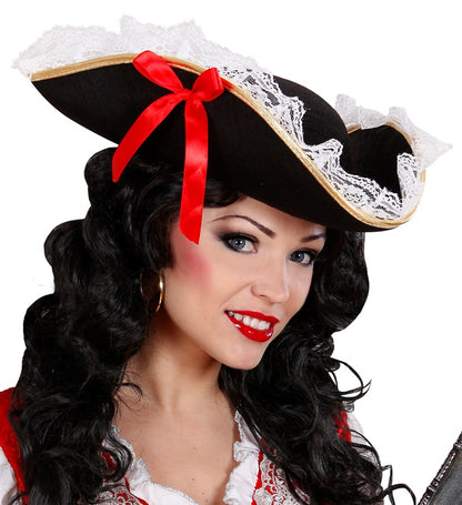 Tricorn With Lace Trim And Red Bow Felt