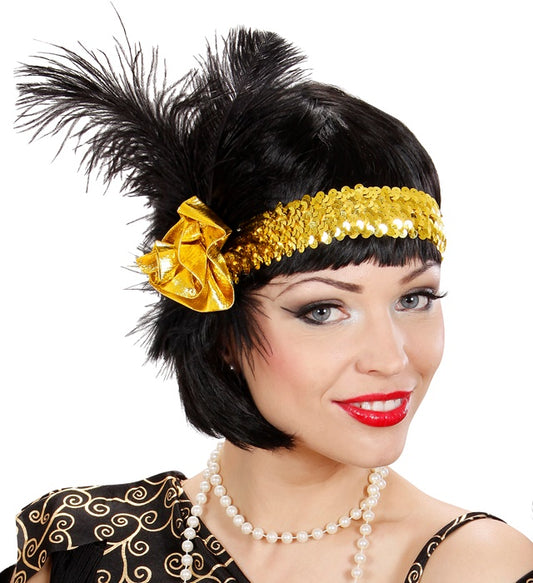 1920'S Gold Sequin Headband With Flower & Feathers