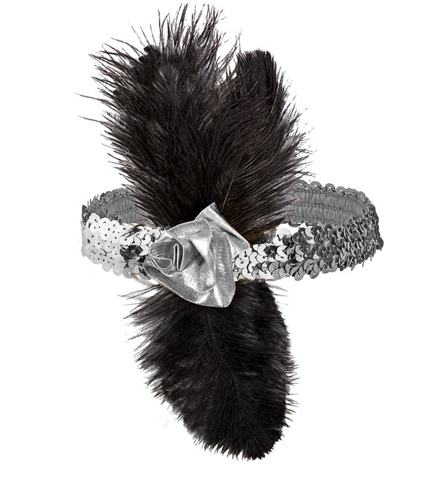1920'S Silver Sequin Headband With Flower & Feathers