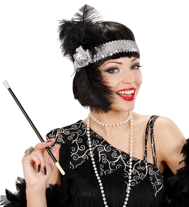 1920'S Silver Sequin Headband With Flower & Feathers
